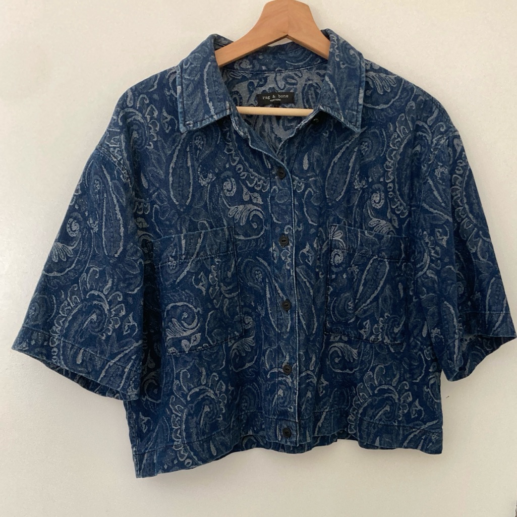 Rag & Bone Lenna Denim Button Up Cropped Top Size L In Indigo Paisley